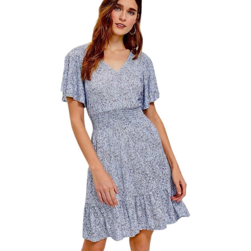 Loft Floral Dress smocked waist tiered size Medium Light Blue